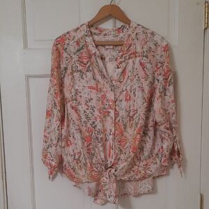 Allison Daley Coral Pink & Olive Floral Tie-Front Blouse